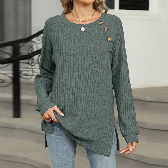 tarylea Womens Fall Tops Ribbed Knitted Long Sleeve Button Blouse Split Irregular Hem Scoop Neck Tunic Tops Casual Fall Tops