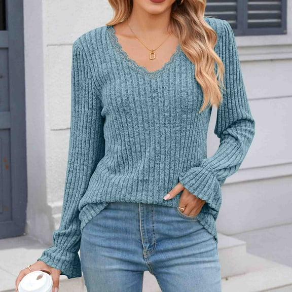 tarylea Womens Fall Tops Ruffled Long Sleeve Lace Blocked Blouse V Neck Ribbed Tunic Tops Casual Loose Dressy Tops