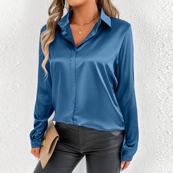 tarylea Womens Fall Tops Satin Long Sleeve Turn down Collar Shirts Adjustable Cuff Loose Lightweight Blouse Business Casual Tops