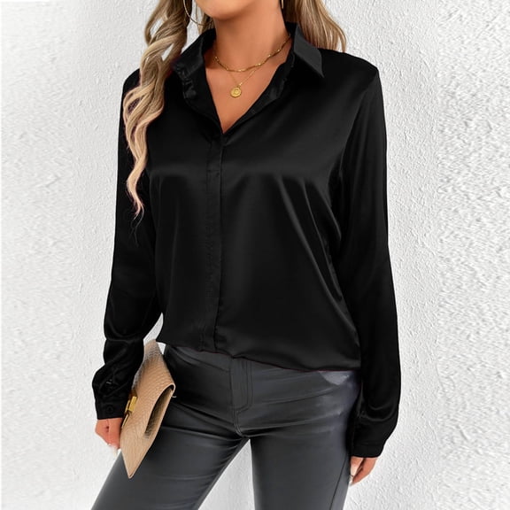 tarylea Womens Fall Tops Satin Long Sleeve Turn down Collar Shirts Adjustable Cuff Loose Lightweight Blouse Business Casual Tops