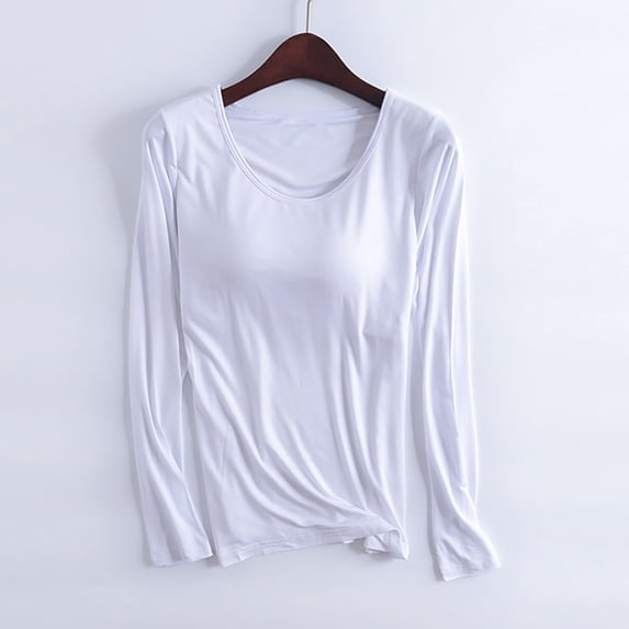 tarylea Womens Long Sleeve Shirts Built in Bra Round Neck Undershirts Casual Comfy Fall Solid Color Homewear T-Shirt Tops