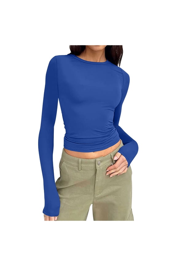 Womens Long Sleeve Tops Crew Neck Slim Fitted Crop Tops Casual Comfy Stretch Fall Basic Plain Color T-Shirts