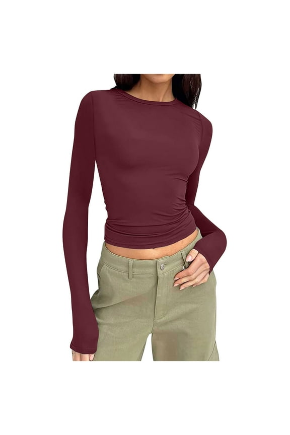 Womens Long Sleeve Tops Crew Neck Slim Fitted Crop Tops Casual Comfy Stretch Fall Basic Plain Color T-Shirts