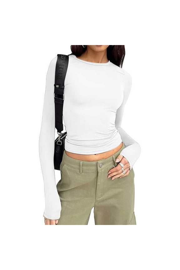 Womens Long Sleeve Tops Crew Neck Slim Fitted Crop Tops Casual Comfy Stretch Fall Basic Plain Color T-Shirts