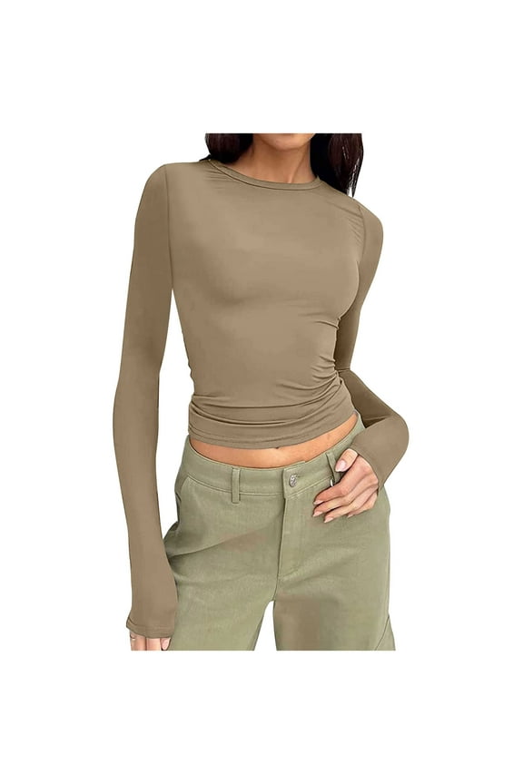 Womens Long Sleeve Tops Crew Neck Slim Fitted Crop Tops Casual Comfy Stretch Fall Basic Plain Color T-Shirts