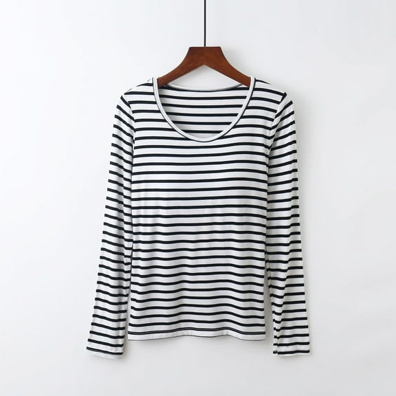 tarylea Womens Lounge Tops Long Sleeve Built in Bra Scoop Neck Stripe T-Shirts Casual Loose Comfy Fall Pajama Tops
