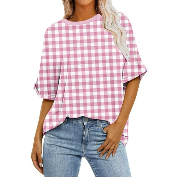 tarylea Womens Oversized T Shirts Half Sleeve Shirts Round Neck Plaid Casual Tops Loose Fitted Basic Tees