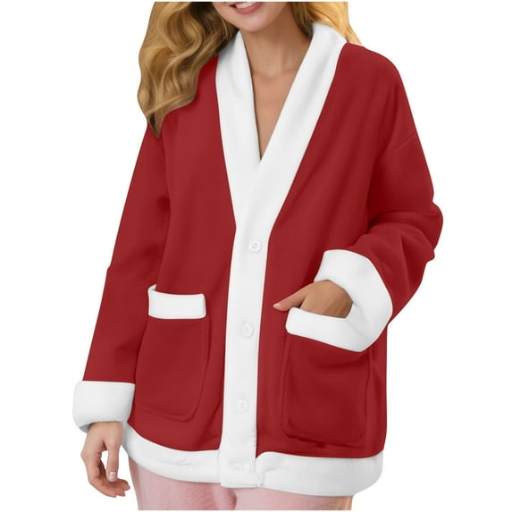 tarylea Womens Pajamas Flannel Cardigan V Neck Button down Tops Color Blocked Long Sleeve Jackets with 2 Pockets Casual Loose Winter Warm Loungewear