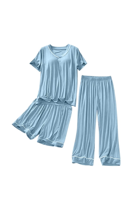 Womens Pajamas Set 3 Piece Sets V Neck Built in Bra Short Sleeve Tops Elastic Waist Shorts Wide Leg Pants Solid Color Comfy Summer Homewear Pajamas