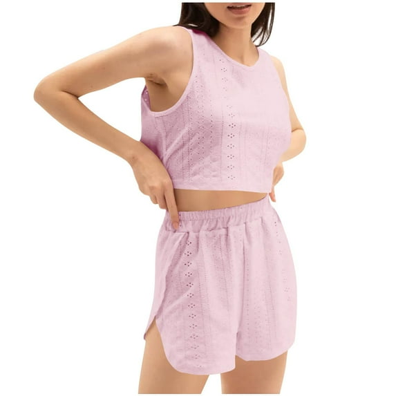 tarylea Womens Pajamas Set Crew Neck Wide Strap Tank Top Split Hem High Rise Shorts Solid Color Eyelet Suits Casual Summer Dressy Homewear Sets