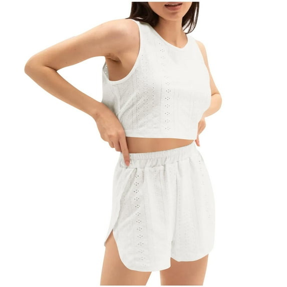 tarylea Womens Pajamas Set Crew Neck Wide Strap Tank Top Split Hem High Rise Shorts Solid Color Eyelet Suits Casual Summer Dressy Homewear Sets