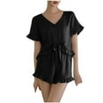 thumbnail image 1 of tarylea Womens Pajamas Set Ruffled Suits V Neck Tie Front Button down Short Sleeve Shirts Elastic Waist Shorts Solid Color Trendy Summer Sleepwear Casual Loose Lounge Set, 1 of 4