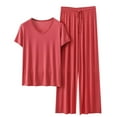 thumbnail image 1 of tarylea Womens Pajamas Set V Neck Short Sleeve Shirts Drawstring Wide Leg Pants Solid Color Casual Comfy Summer Loungewear Suits, 1 of 3