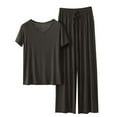 thumbnail image 1 of tarylea Womens Pajamas Set V Neck Short Sleeve Shirts Drawstring Wide Leg Pants Solid Color Casual Comfy Summer Loungewear Suits, 1 of 3