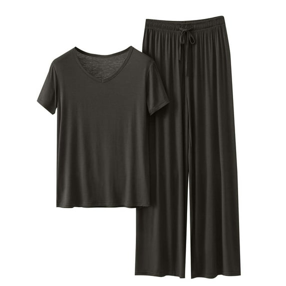 tarylea Womens Pajamas Set V Neck Short Sleeve Shirts Drawstring Wide Leg Pants Solid Color Casual Comfy Summer Loungewear Suits