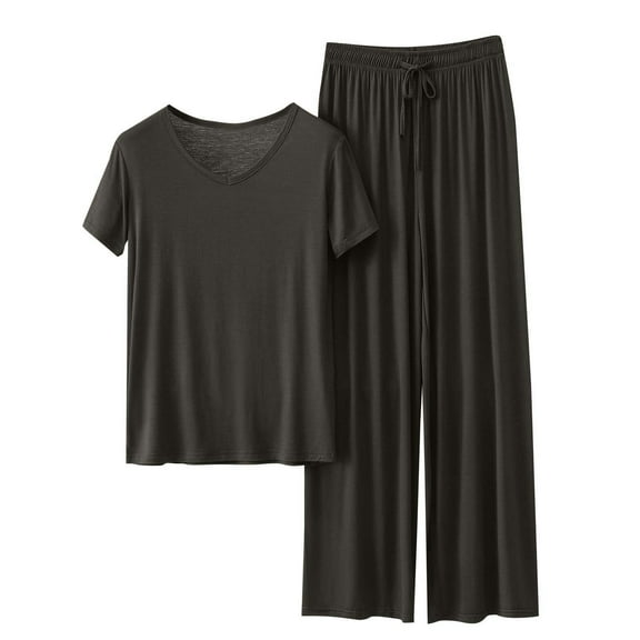 tarylea Womens Pajamas Set V Neck Short Sleeve Shirts Drawstring Wide Leg Pants Solid Color Casual Comfy Summer Loungewear Suits