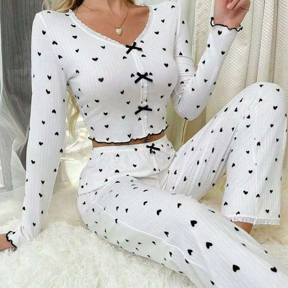 tarylea Womens Pajamas Sets 2 Piece Set Long Sleeve V Neck Crop Tops Elastic Waist Pants Casual Fitted Comfy Fall Sleepwear Loungewear Outfits