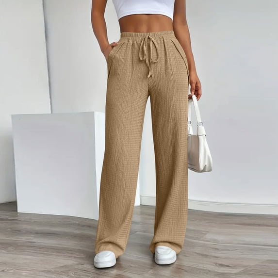 tarylea Womens Pants Drawstring Elastic Waist High Rise Trousers Solid Color Loose Pants with Pockets Casual Breathable Comfy Pants