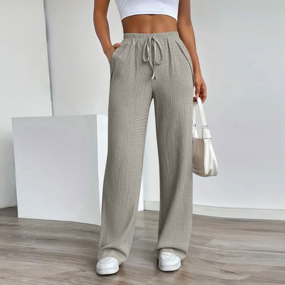 tarylea Womens Pants Drawstring Elastic Waist High Rise Trousers Solid Color Loose Pants with Pockets Casual Breathable Comfy Pants