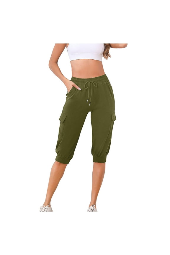 Womens Pants Drawstring Elastic Waist Knee Length Pants Solid Color Cinch Bottom Pants with Pockets Casual Loose Comfy Trendy Dailywear Pants