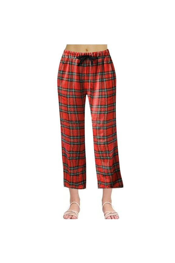Womens Pants Drawstring Elastic Waist Trousers Wide Leg Checkered Pants Casual Comfy Dailywear Homewear Trousers