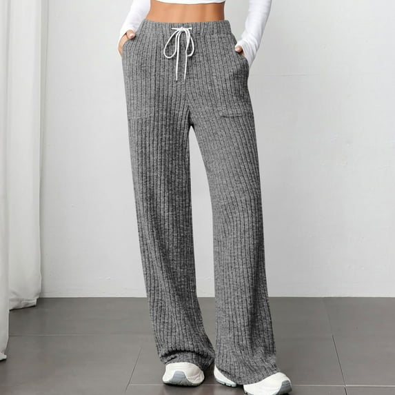 tarylea Womens Pants Drawstring Ribbed Elastic Waist Trousers Solid Color Wide Leg Pants with Pockets Casual Loose Comfy Pants