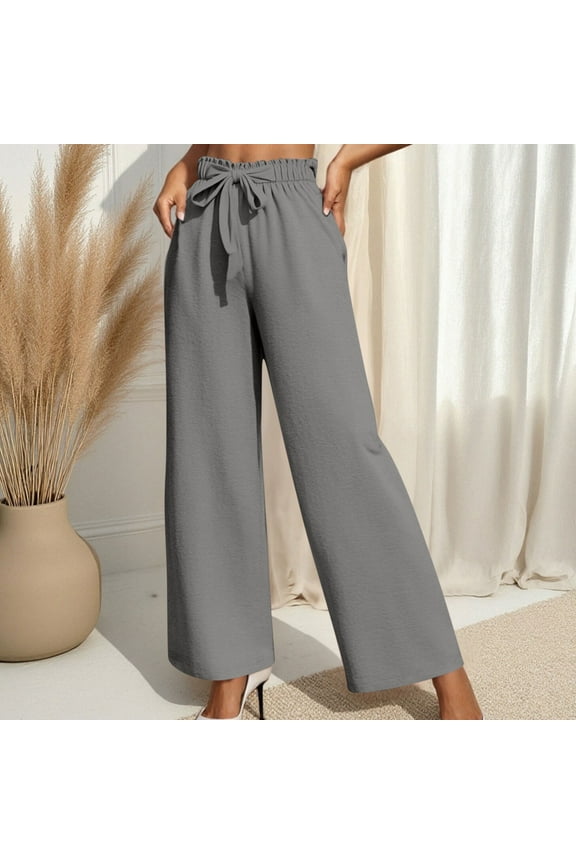 Womens Pants High Rise Ruffled Elastic Waist Trousers Tie Front Solid Color Wide Leg Pants Casual Loose Summer Dressy Pants