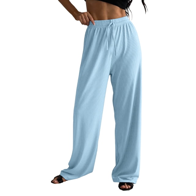 tarylea Womens Pants High Rise Wide Leg Ribbed Trousers Solid Color Elastic Waist Pants Casual Loose Comfy Dailywear Pants