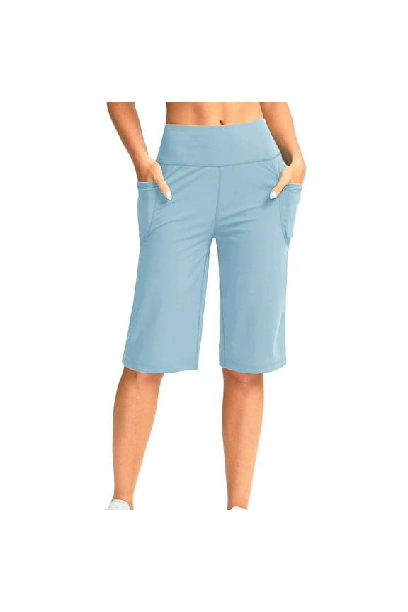 Womens Pants Knee Length Solid Color Knee Length Pants High Rise Stretch Pants with Pockets Casual Loose Summer Comfy Dailywear Pants