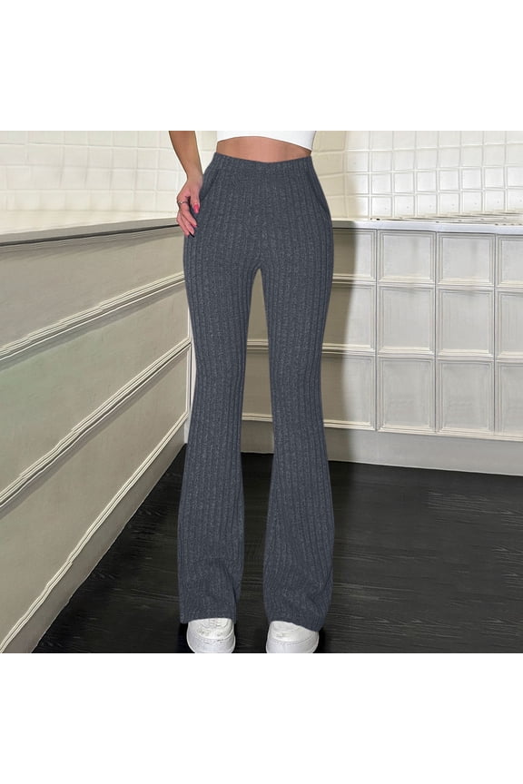 Womens Pants Ribbed Slim Fitted Flare Leggings High Rise Solid Color Pants Casual Stretch Comfy Dressy Pants