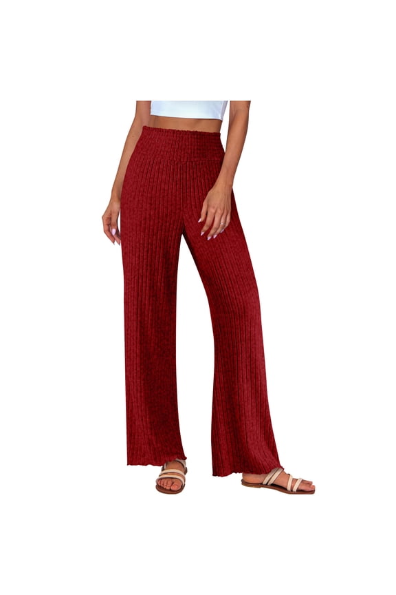 Womens Pants Solid Color Ruffled Hem Ribbed Knitted Trousers Wide Leg High Rise Pants Casual Loose Comfy Stretch Homewear Dailywear Pants