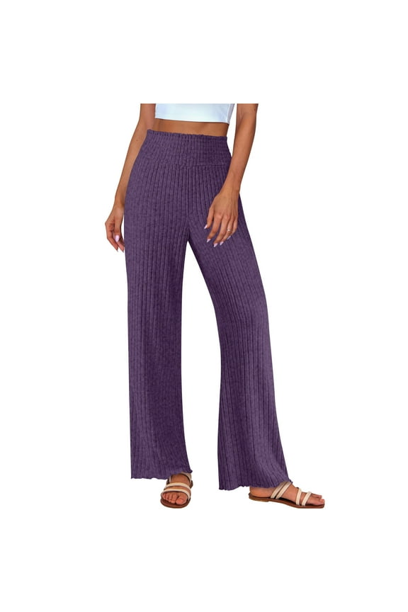 Womens Pants Solid Color Ruffled Hem Ribbed Knitted Trousers Wide Leg High Rise Pants Casual Loose Comfy Stretch Homewear Dailywear Pants