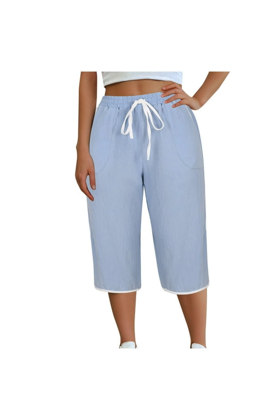 Womens Plus Size Cotton Linen Capri Pants for Women Drawstring High Waisted Capris Wide Leg Cropped Lounge Trousers
