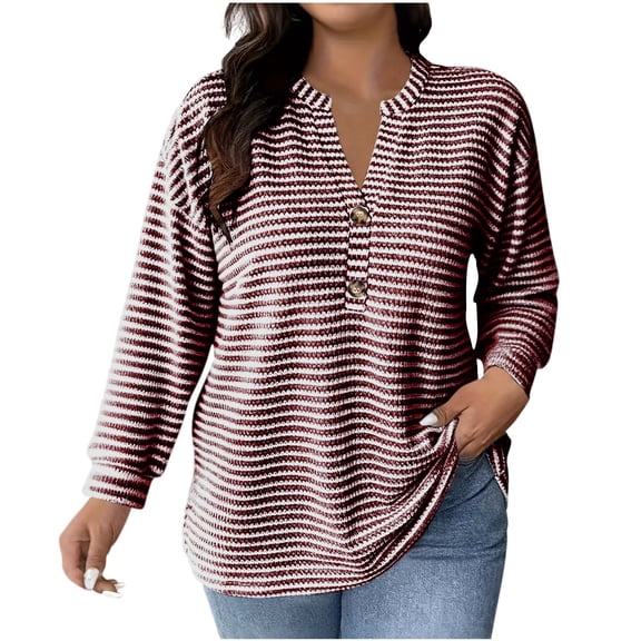 tarylea Womens Plus Size Tops Long Sleeve Striped Button Notch Neck Comfy Casual Loose Spring Fall Blouses