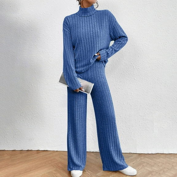 tarylea Womens Ribbed Knitted 2 Piece Lounge Outfits Long Sleeve High Neck Pullover Straight Leg Pants Casual Comfy Fall Suits