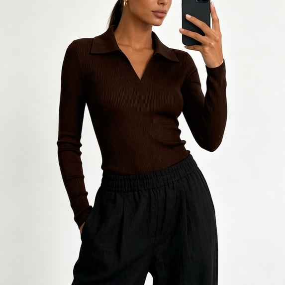 tarylea Womens Ribbed Tops Long Sleeve V Neck Turn down Collar T-Shirts Casual Fall Comfy Solid Color Tops