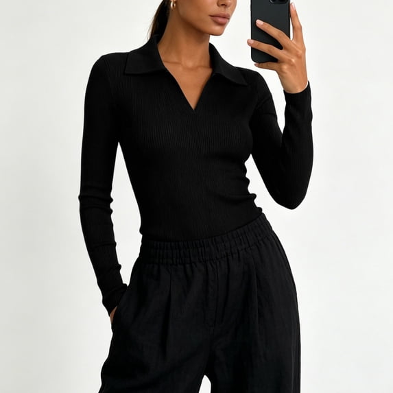 tarylea Womens Ribbed Tops Long Sleeve V Neck Turn down Collar T-Shirts Casual Fall Comfy Solid Color Tops