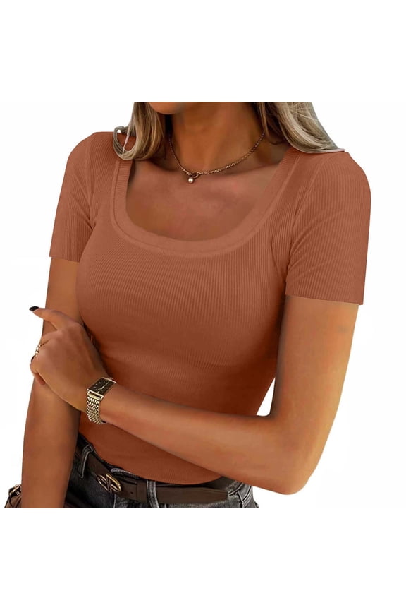 Womens Ribbed Tops Short Sleeve Square Neck T-Shirts Casual Fitted Comfy Stretch Summer Dailywear Tops