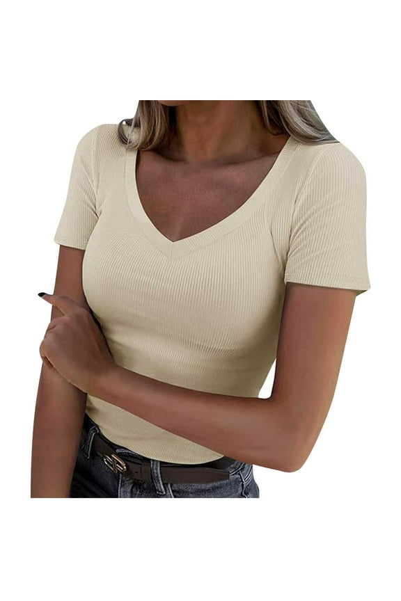 Womens Ribbed Tops Short Sleeve V Neck T-Shirts Casual Fitted Comfy Stretch Summer Dailywear Tops