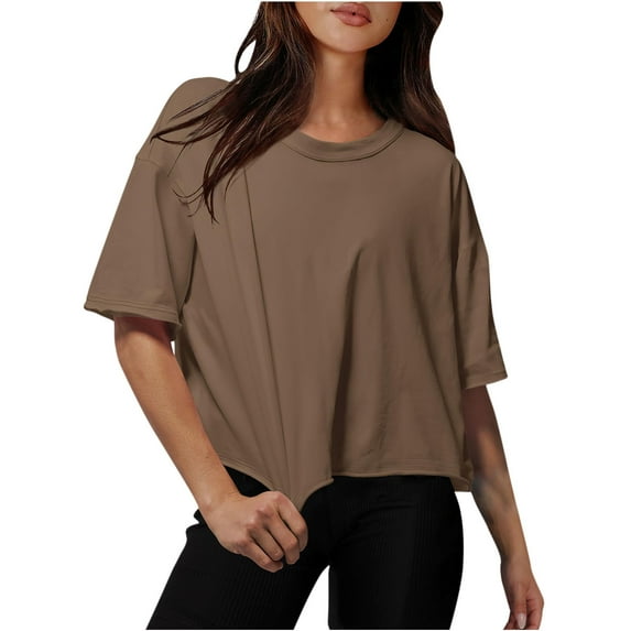 tarylea Womens Short Sleeve Crew Neck Oversized Crop Tops Casual Summer Loose Comfy Basic Solid Color Dailywear Tee Tops