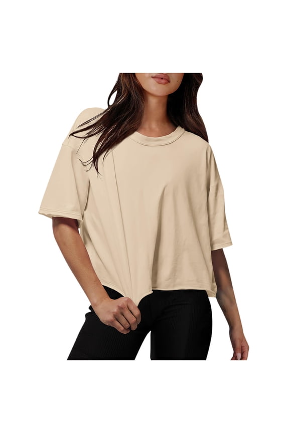 Womens Short Sleeve Crew Neck Oversized Crop Tops Casual Summer Loose Comfy Basic Solid Color Dailywear Tee Tops