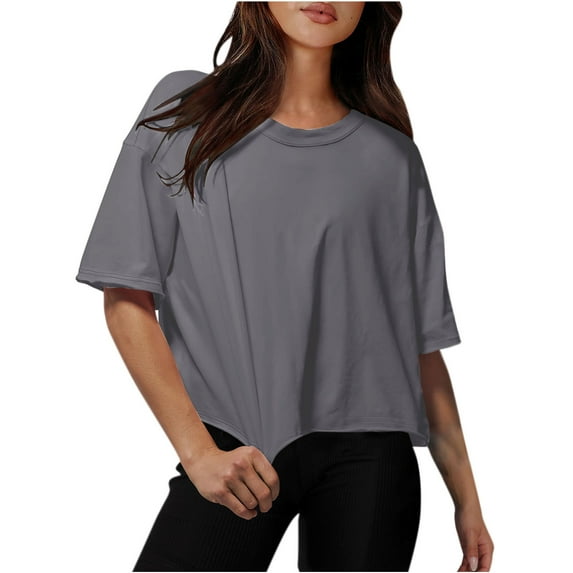 tarylea Womens Short Sleeve Crew Neck Oversized Crop Tops Casual Summer Loose Comfy Basic Solid Color Dailywear Tee Tops