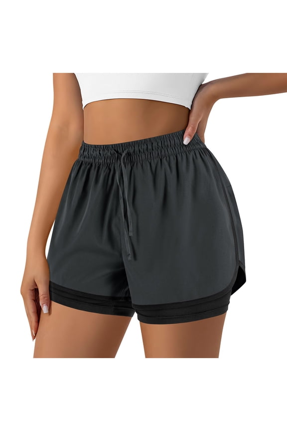 Womens Shorts 2 in 1 Elastic Waist Drawstring Shorts Solid Color Slim Fitted Shorts Casual Summer Breathable Workout Shorts