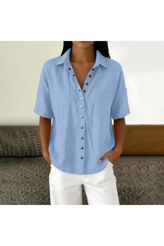 Womens Summer Tops Cotton Linen Snap Button down Shirts Short Sleeve Turn down Collar Tops Casual Lightweight Tops with Pocket