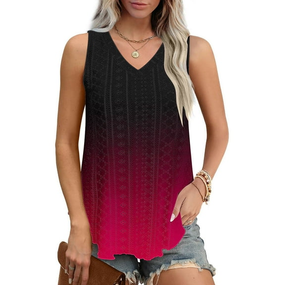 tarylea Womens Tank Top Sleeveless Eyelet V Neck Curved Hem Gradient Color Blouse Tops Casual Summer Loose Dressy Tops