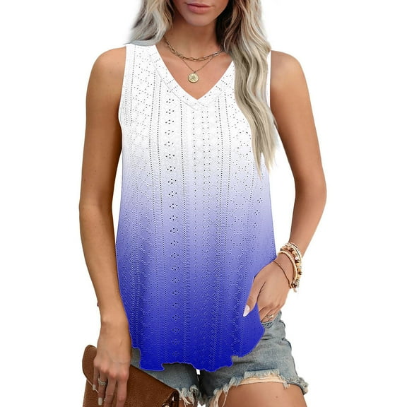 tarylea Womens Tank Top Sleeveless Eyelet V Neck Curved Hem Gradient Color Blouse Tops Casual Summer Loose Dressy Tops