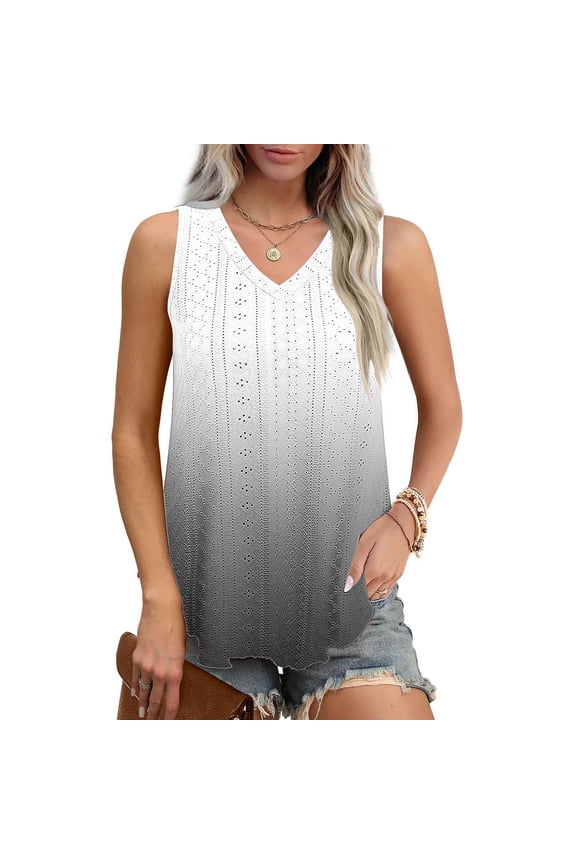 Womens Tank Top Sleeveless Eyelet V Neck Curved Hem Gradient Color Blouse Tops Casual Summer Loose Dressy Tops