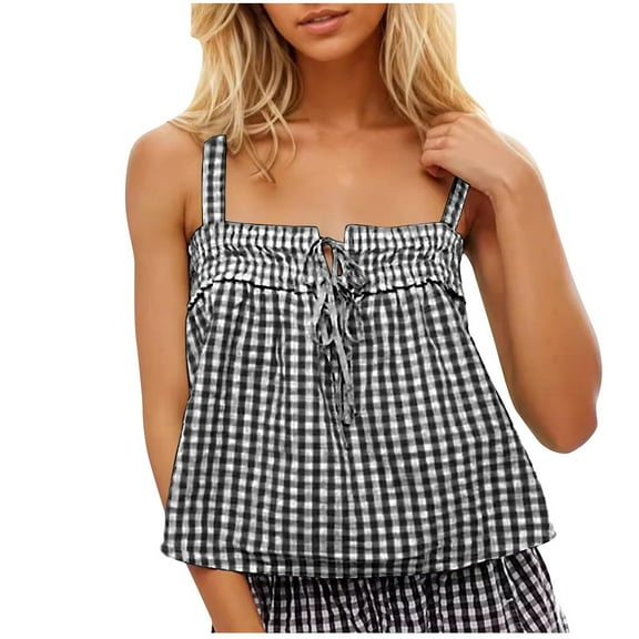 tarylea Womens Tank Tops Square Neck Sleeveless Plaid Camisoles Summer Cute Backless Vest Shirt