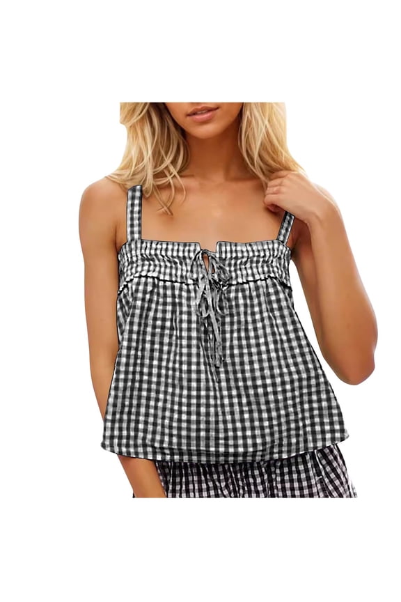 Womens Tank Tops Square Neck Sleeveless Plaid Camisoles Summer Cute Backless Vest Shirt