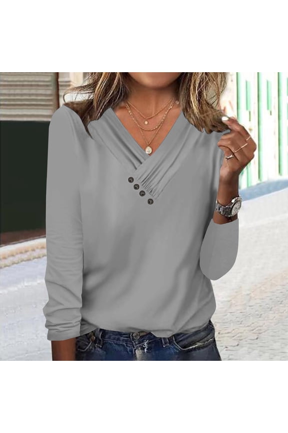 Womens Top Long Sleeve V Neck Cross Front Curved Hem Button T-Shirts Casual Loose Fall Dressy Blouse Tops